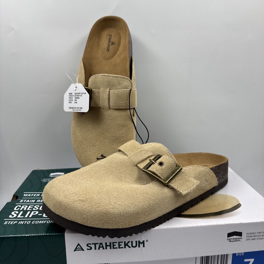 Staheekum Womens Clogs Tan Shoes Buckle Water Repellent Slip-On Suede Upper Sz 7